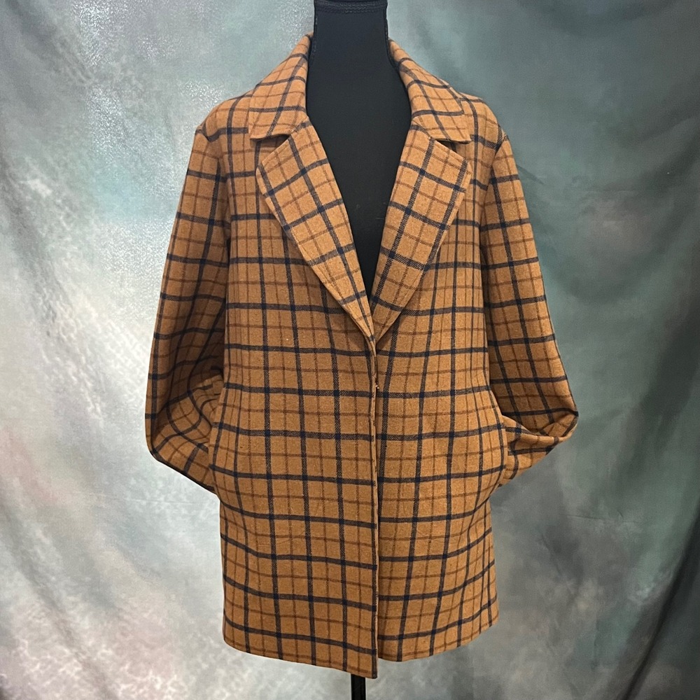 Tyler Boe Women‎ XL Plaid Windowpane Driving Coat Brown Blue Leopard Lining NWT